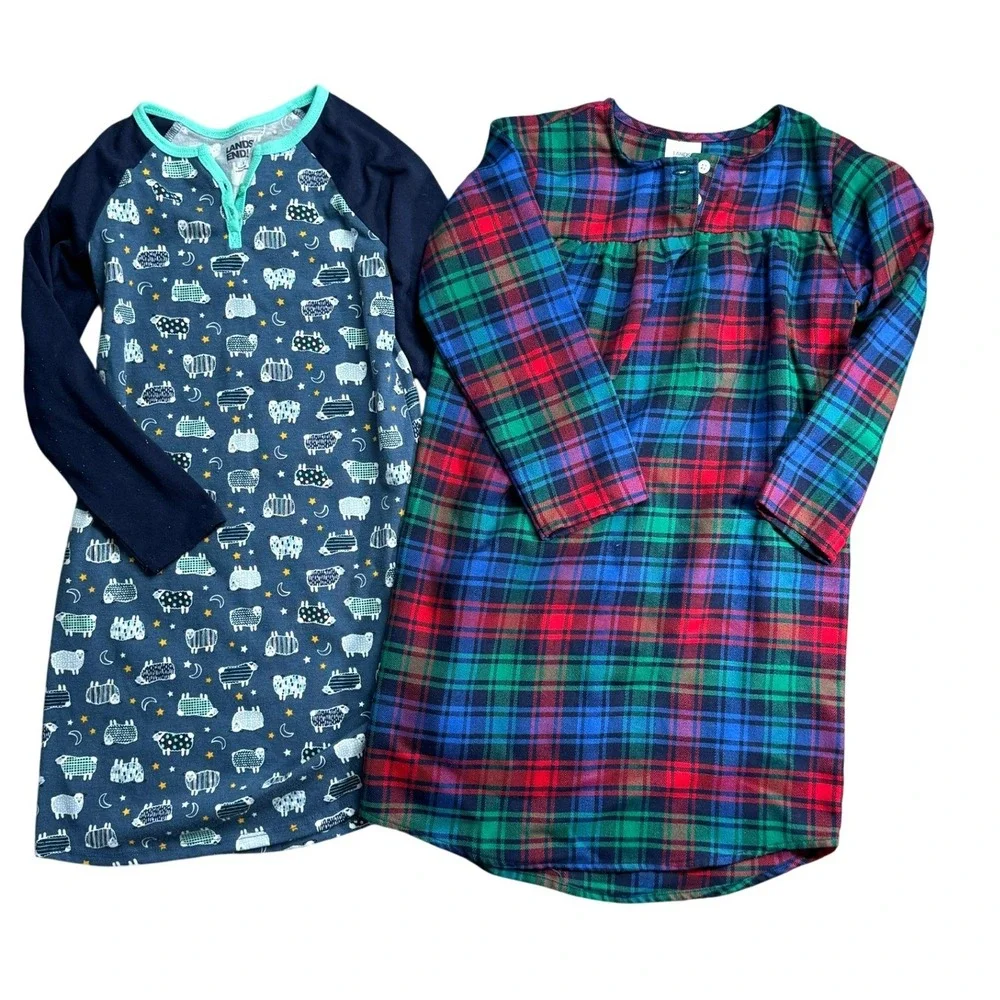 Lands End Girls Nightgown Set 2 Size 6 Plaid Sheep‎ Print Long Sleeve Sleepwear